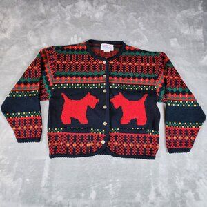 Vintage Tally Ho Scottie Dog Cardigan Sweater XL Scalloped Hem Button Y2k Novelt